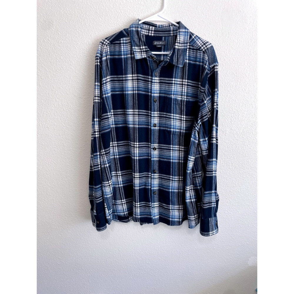 Eddie Bauer Flannel Shirt Mens XXL Blue Plaid Excellent Long Sleeve Cotton